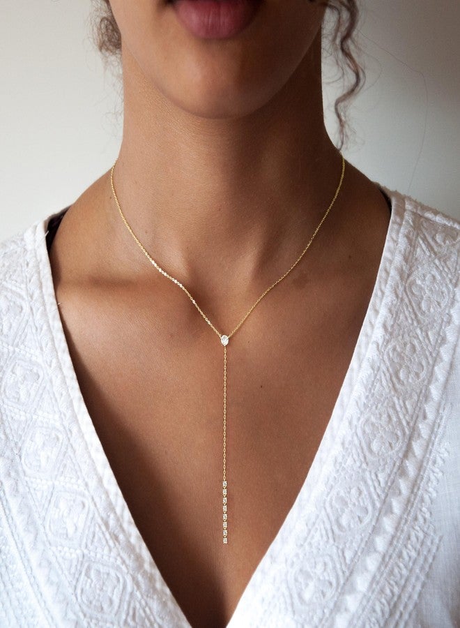 Ewrkbrㅤ Ewrkbr Long Gold Necklaces for Women Trendy, Dainty Lariat Necklace 14k Gold Plated CZ Teardrop Drop Necklace Formal Long Rhinestone Necklace Simple Wedding Waterproof Gold Jewelry for Women - Image 2